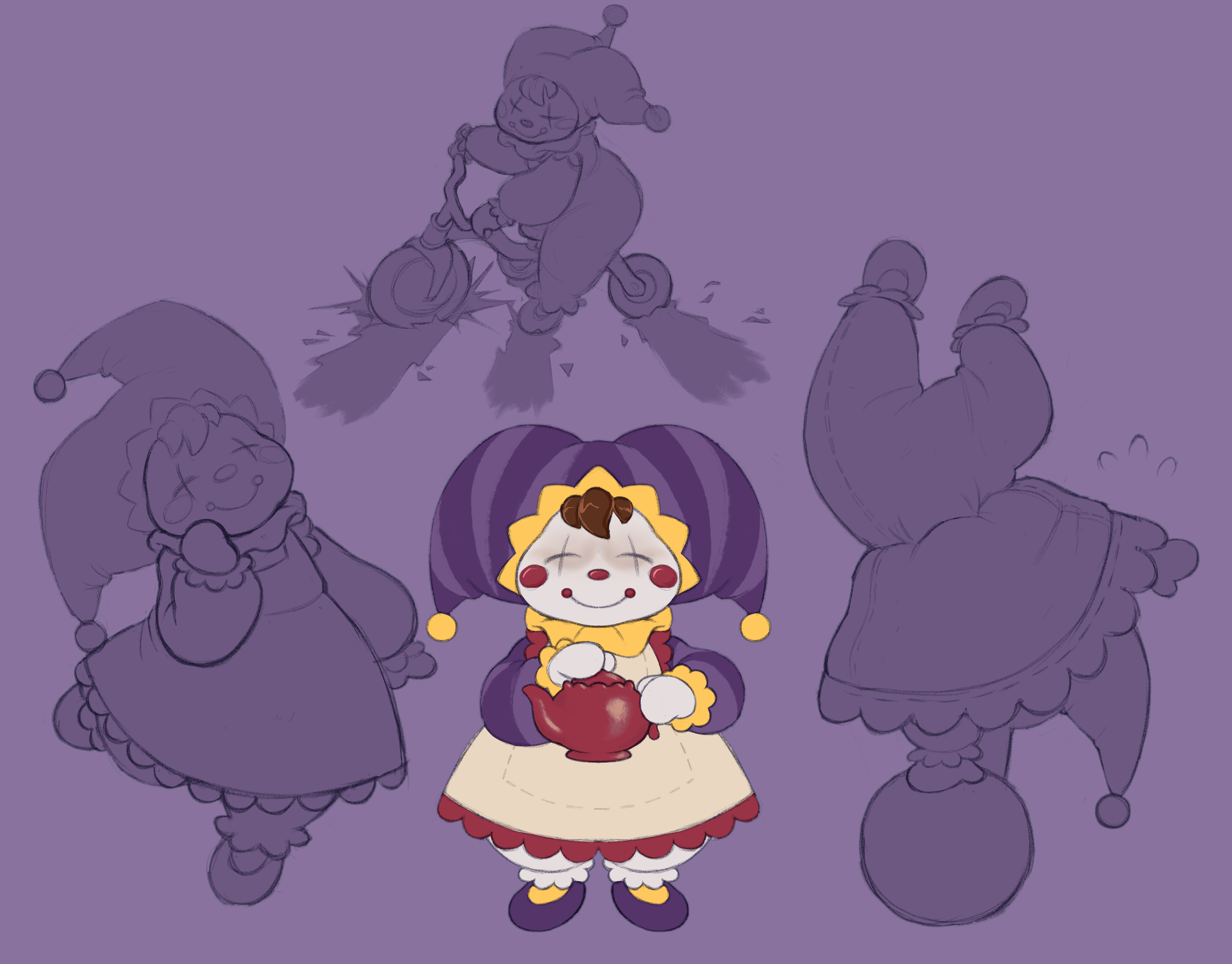 an old clown doll wearing a dress and apron, she holds a teapot